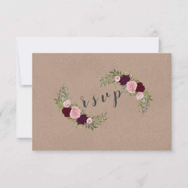 Rustic Marsala Floral Craft Paper Wedding RSVP (Front)