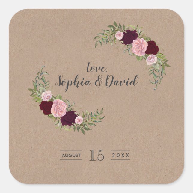 Rustic Marsala Floral Craft Paper Wedding Square Sticker (Front)