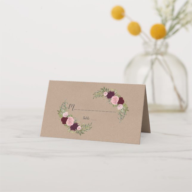 Rustic Marsala Floral Craft PaperTable Number Place Card (Front)