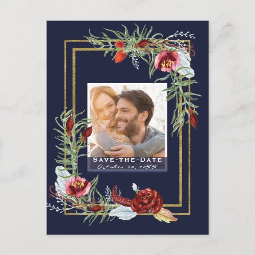 Rustic Marsala Floral Navy Photo Save the Date Announcement Postcard