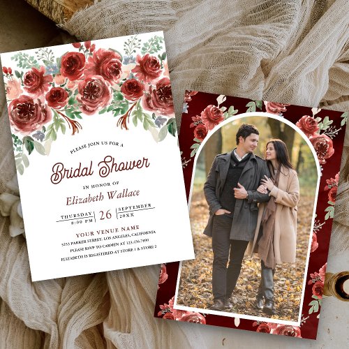 Rustic Marsala Floral Photo Bridal Shower Invitation