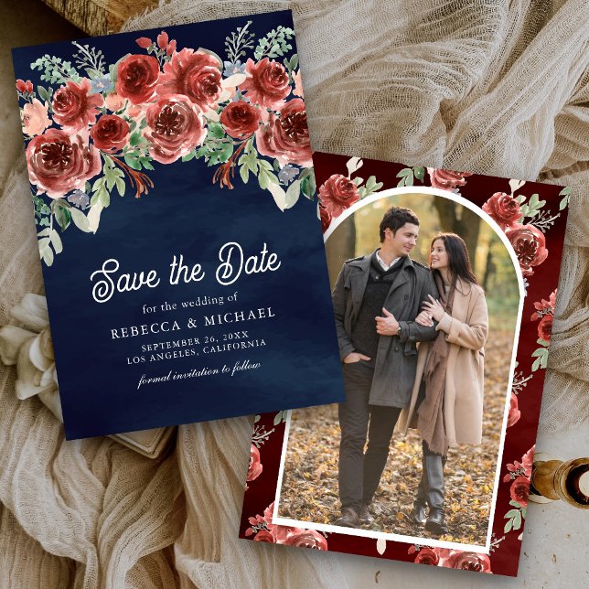Rustic Marsala Floral Photo Navy Blue Wedding Save The Date (Creator Uploaded)