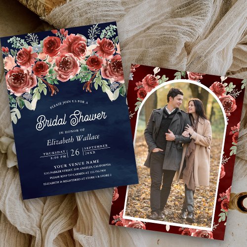 Rustic Marsala Floral Photo Navy Bridal Shower Invitation