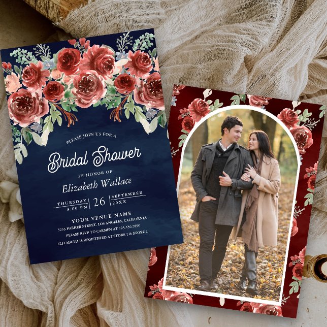Rustic Marsala Floral Photo Navy Bridal Shower Invitation (Creator Uploaded)