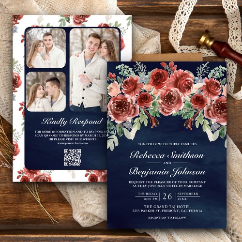 Rustic Marsala Floral Photo QR Code Navy Wedding Invitation