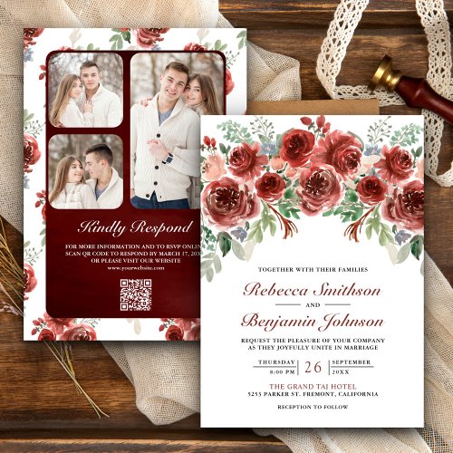 Rustic Marsala Floral Photo QR Code Wedding Invitation