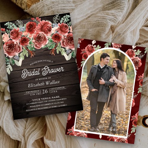 Rustic Marsala Floral Photo Wood Bridal Shower Invitation