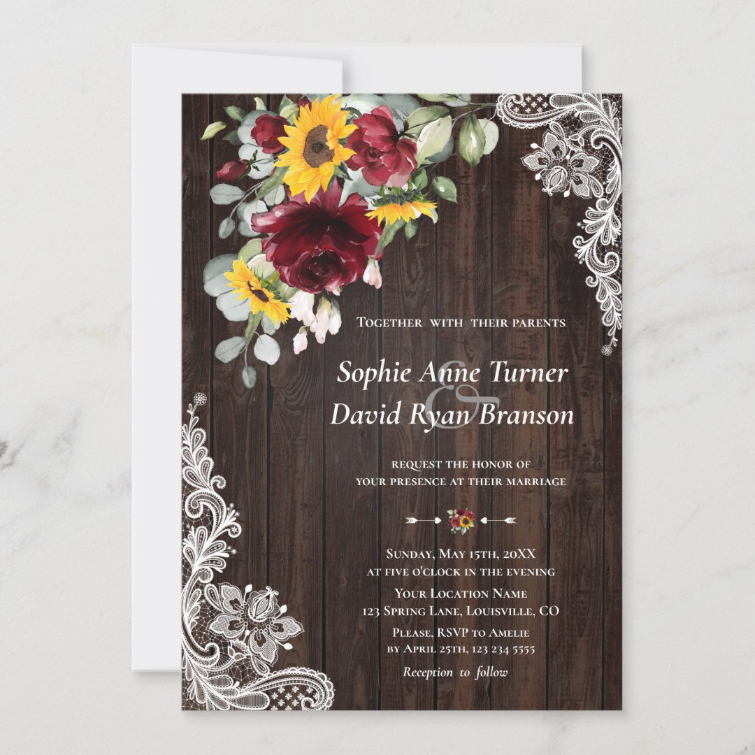 Rustic Marsala Floral Sunflowers Wood Lace Wedding Invitation | Zazzle