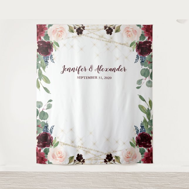 Rustic Marsala Floral Wedding Photo Booth Backdrop (Front)