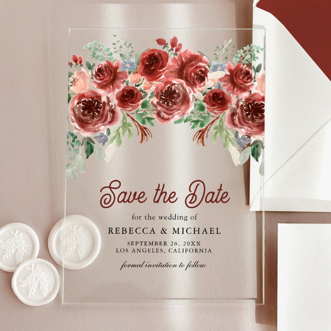 Rustic Marsala Floral Wedding Save the Date Acrylic Invitations (Creator Uploaded)