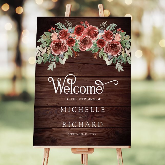 Rustic Marsala Floral Wood Wedding Welcome Sign (Creator Uploaded)