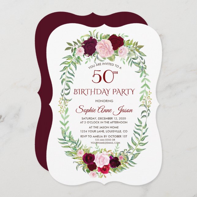 Rustic Marsala Floral Wreath 50th Birthday Invitation (Front/Back)