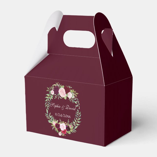 Rustic Marsala Floral Wreath Burgundy Wedding Favor Boxes (Front Side)