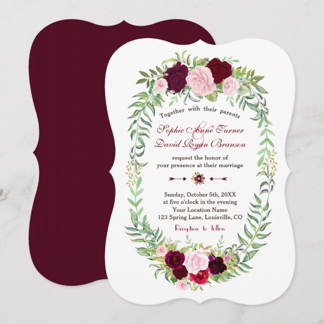 Rustic Marsala Floral Wreath Burgundy Wedding Invitation (Front/Back)