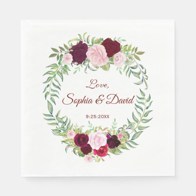 Rustic Marsala Floral Wreath Burgundy Wedding RSVP Paper Napkins (Front)