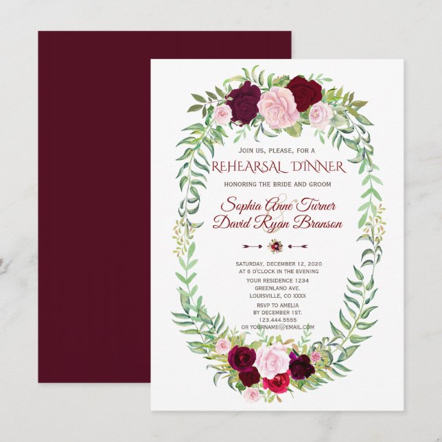 Rustic Marsala Floral Wreath Rehearsal Dinner Invitation (Front/Back)