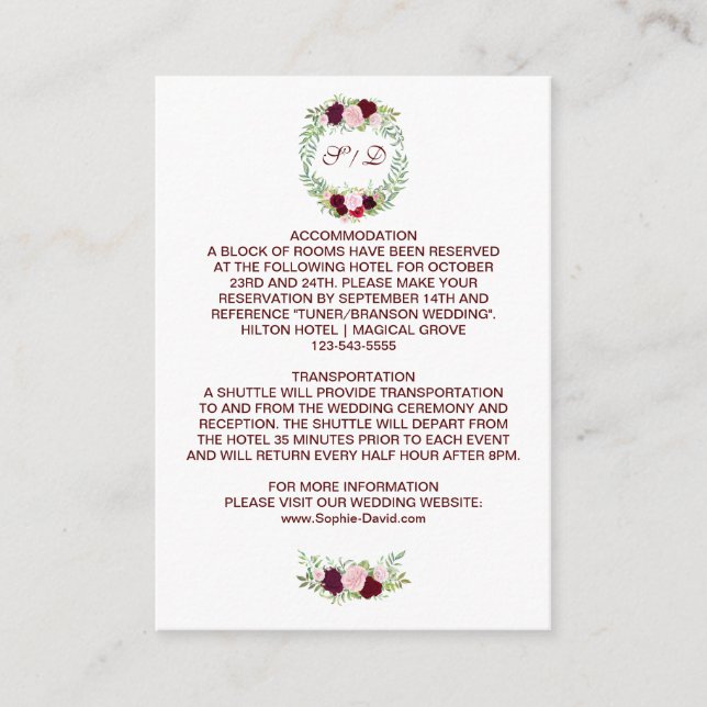 Rustic Marsala Floral Wreath Wedding Details Enclosure Card (Front)