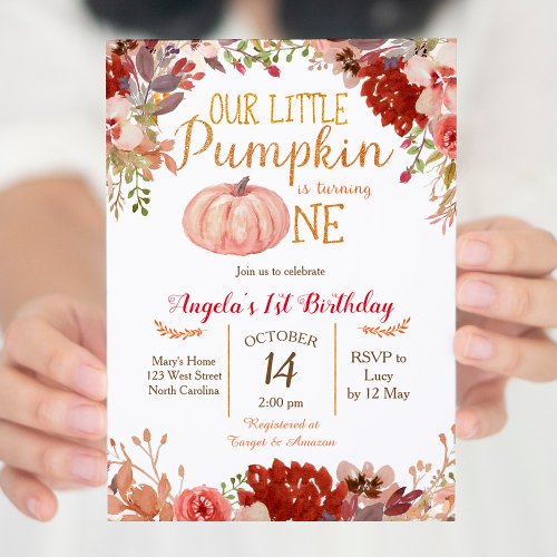 Rustic Marsala Pumpkin First Birthday Invitation