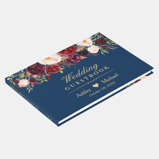 Rustic Marsala Red Floral Navy Blue Wedding Guest Book