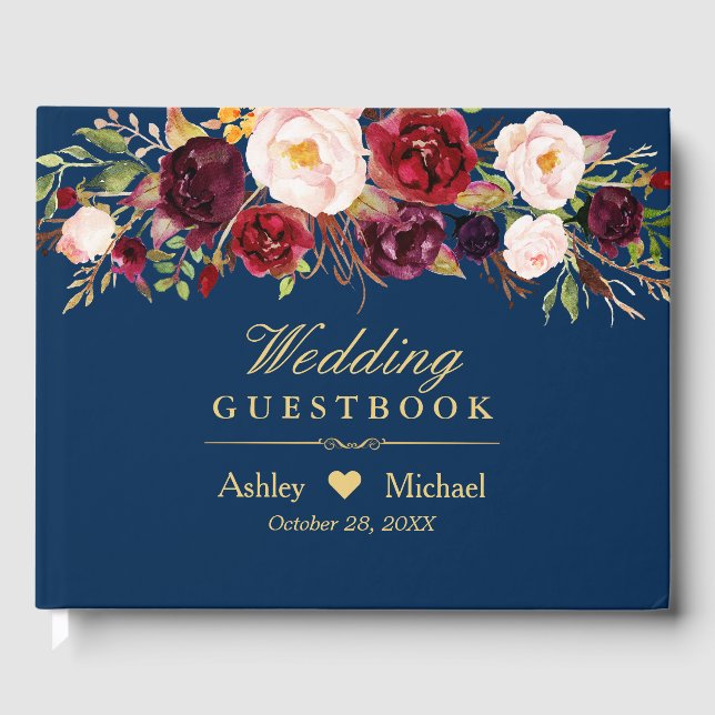 Rustic Marsala Red Floral Navy Blue Wedding Guest Book (Front)