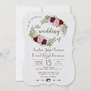 Rustic Marsala Watercolour Floral White Wedding Invitation