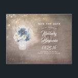 Rustic Mason Dusty Blue Floral Save the Date Announcement Postcard<br><div class="desc">Dusty blue floral mason jar rustic country save the date postcards</div>
