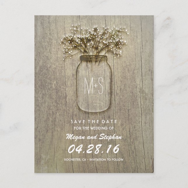 rustic mason jar and baby's breath save the date announcement postcard (Front)