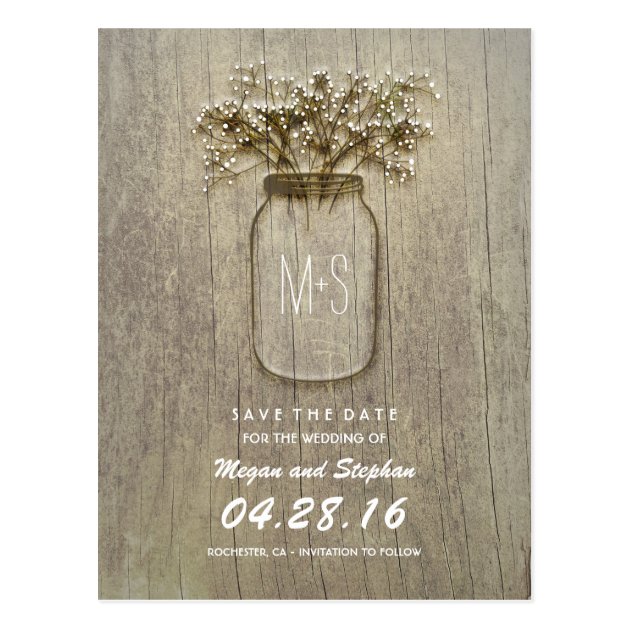 Rustic Mason Jar And Baby's Breath Save The Date Postcard