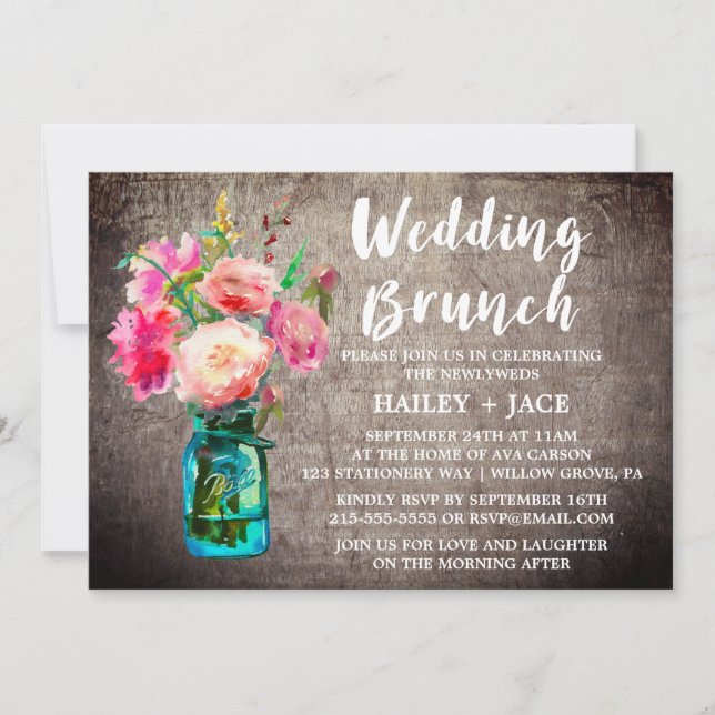 Rustic Mason Jar and Flower Bouquet Wedding Brunch Invitation (Front)