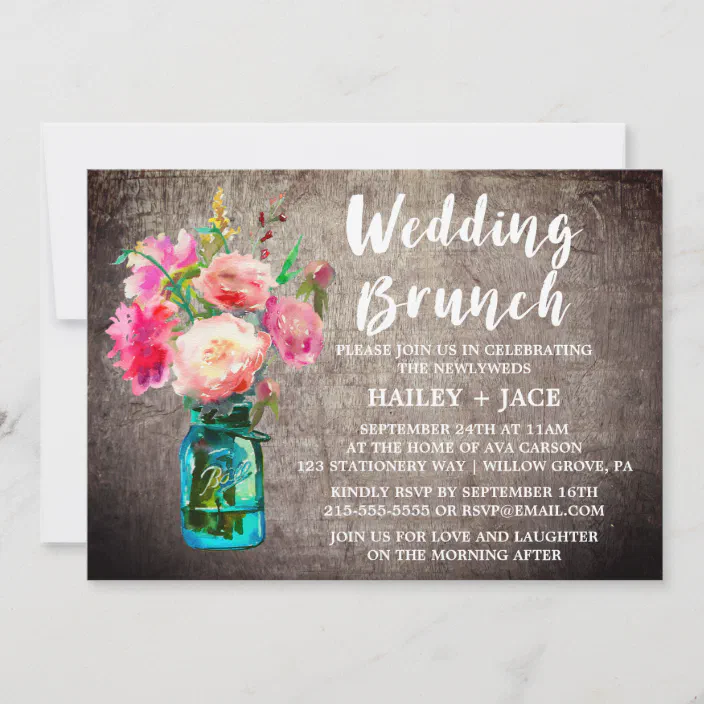 Rustic Mason Jar And Flower Bouquet Wedding Brunch Invitation Zazzle Com