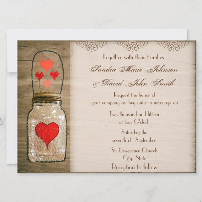 Rustic Mason Jar and Hearts Wedding Invitation (Front)