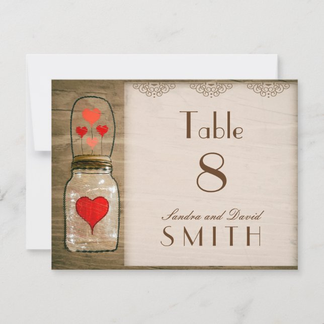 Rustic Mason Jar and Hearts Wedding Table Numbers (Front)