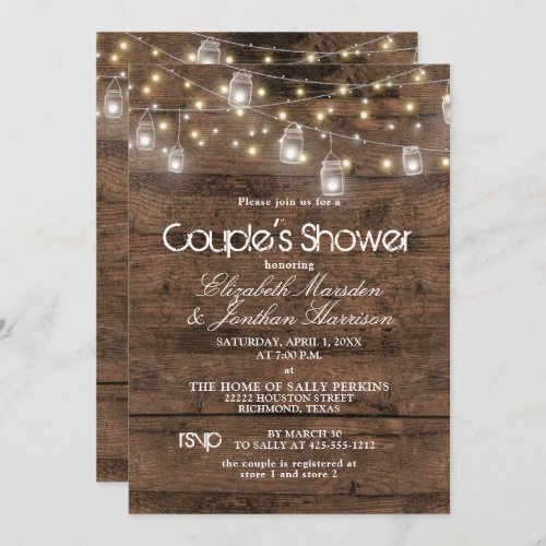 Rustic Mason Jar and String Lights Couples Shower Invitation