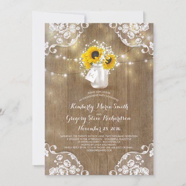 Rustic Mason Jar and Sunflowers Engagement Party Invitation (Front)