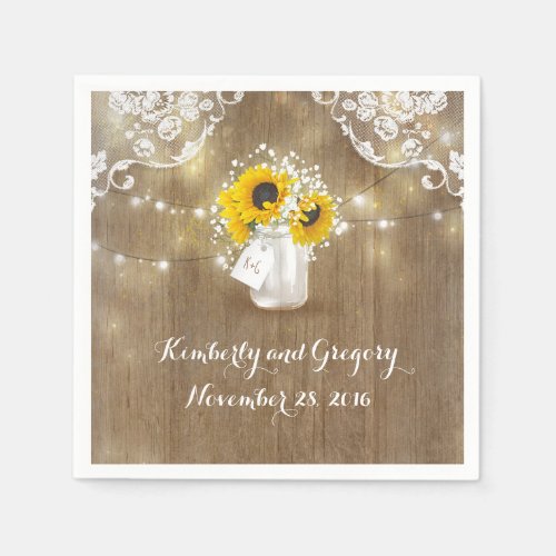 Rustic Mason Jar and Sunflowers with Babys Breath Paper Napkins