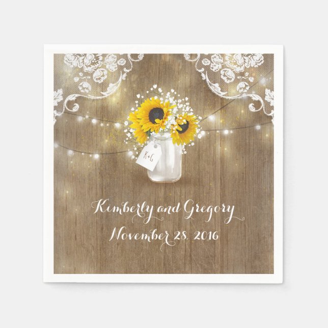 Rustic Mason Jar and Sunflowers with Baby's Breath Paper Napkins (Front)