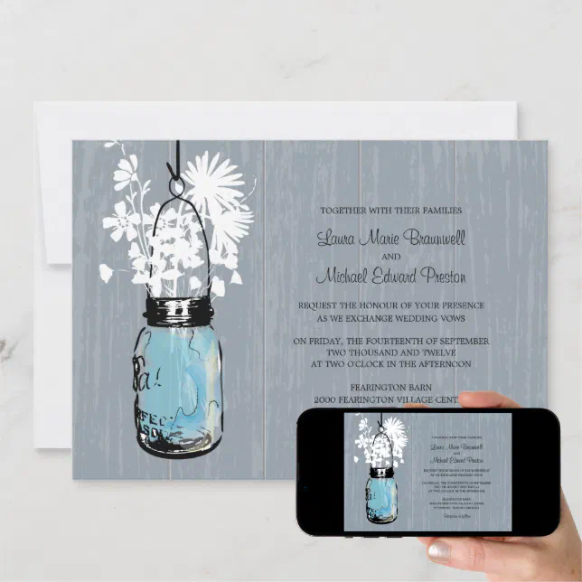 Rustic Mason Jar And Wildflowers Wedding Invitation Zazzle