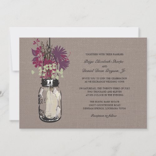 Rustic Mason Jar and Wildflowers Wedding Invitation