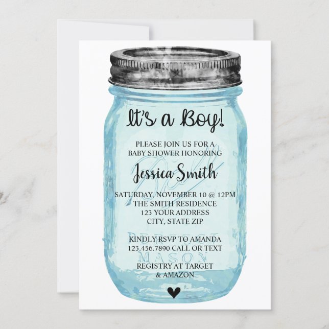Rustic Mason Jar Baby Shower Invitation Boy Blue (Front)