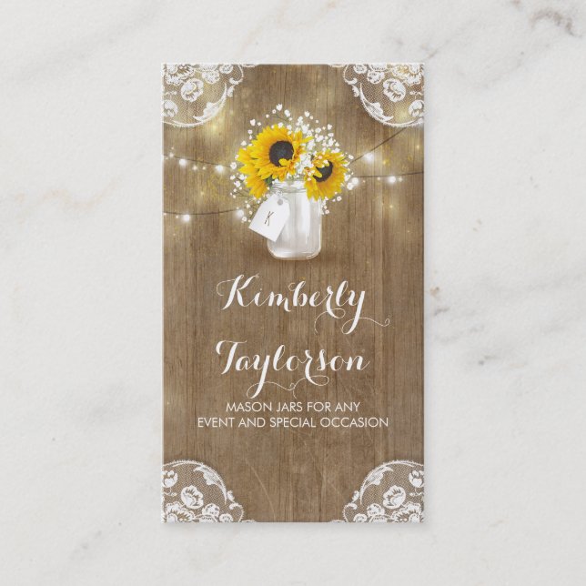 Rustic Mason Jar Baby's Breath and Sunflowers Business Card (Front)