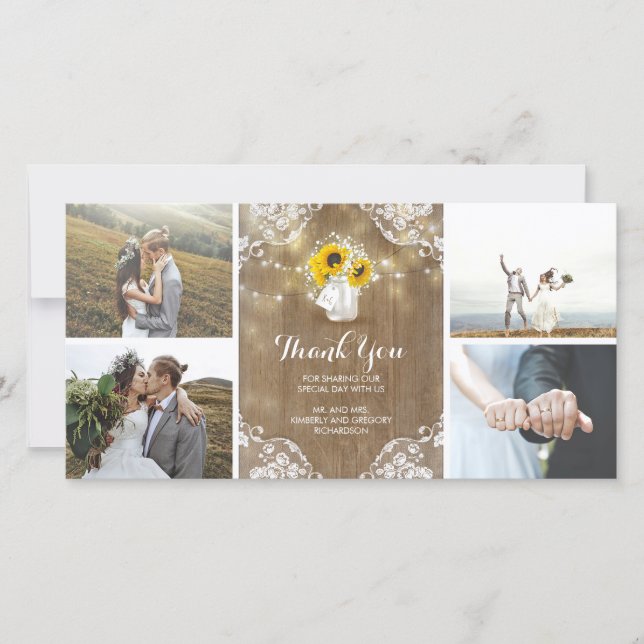 Rustic Mason Jar Baby's Breath and Sunflowers Lace Thank You Card (Front)