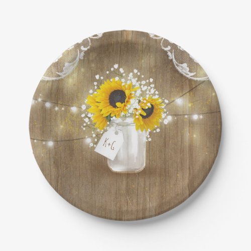 Rustic Mason Jar Babys Breath and Sunflowers Paper Plates