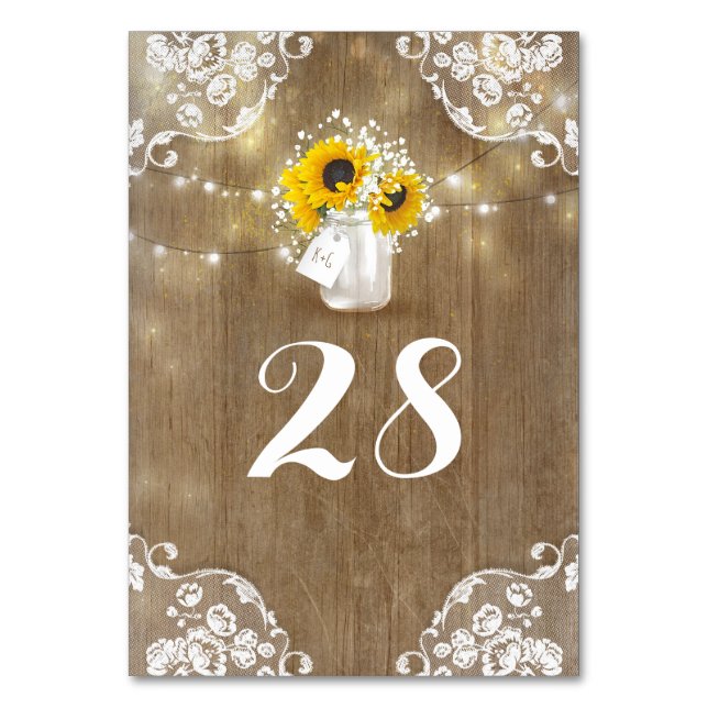 Rustic Mason Jar Baby's Breath and Sunflowers Table Number (Front)