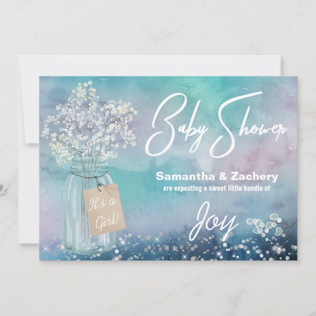 *~* Rustic Mason Jar Baby's Breath Baby Shower Invitation (Front)