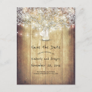 Rustic Mason Jar Baby's Breath Barn Save the Date Announcement Postcard