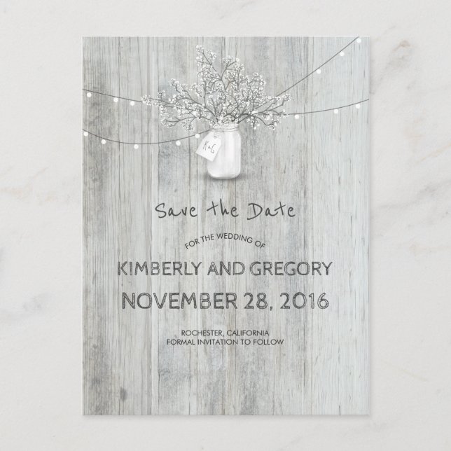 Rustic Mason Jar Baby's Breath Save the Date Announcement Postcard (Front)