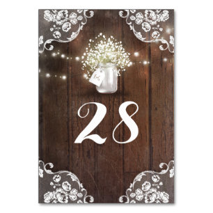 Rustic Mason Jar Baby's Breath String Lights Barn Table Number