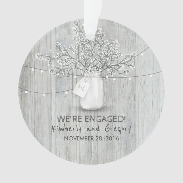 Rustic Mason Jar Baby's Breath String Lights Wood Ornament (Front)