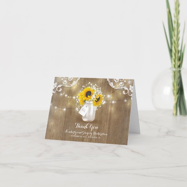 Rustic Mason Jar Baby's Breath Sunflower Thank You (Front)