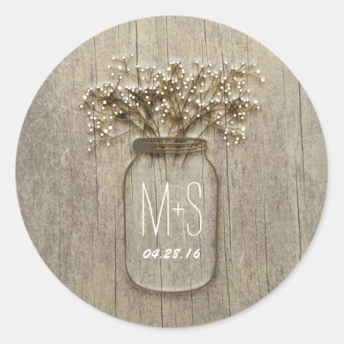 Rustic Mason Jar Babys Breath Wedding Classic Round Sticker